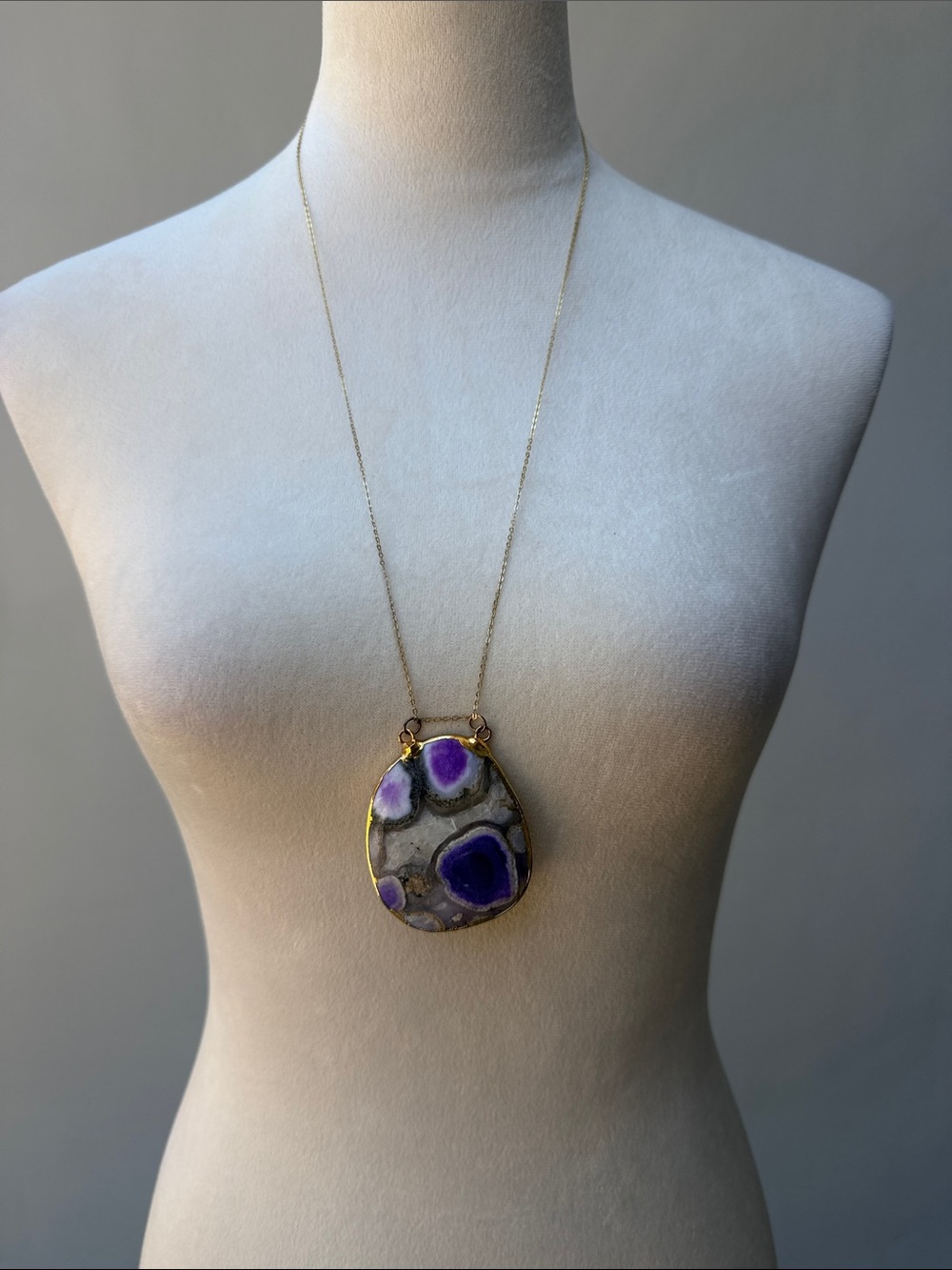Purple Grey Gray White Geode Pendant Gold Trim Necklace and Chain - Adjustable
